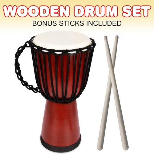 Vista 7 de ArtCreativity Set de tambor Djembe de madera de 16 pulgadas con baquetas, diseño de tambor africano de madera marrón rústico, instrumento musical