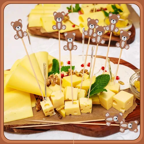 Vista 4 de Tioncy 100 unidades de palillos de cóctel con diseño de oso, palillos de dientes de oso de 4.7 pulgadas para aperitivos, pinchos de bambú