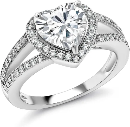 Vista 9 de Gem Stone King Anillo de halo de moissanita blanca y piedra natal de corazón de 0.315 in para mujer, plata de ley 925, joyería para aniversario