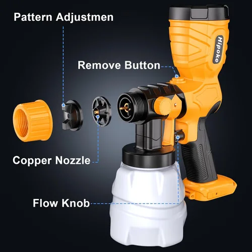 Vista 7 de Pulverizador de pintura inalámbrico de 350 W para batería Dewalt de 20 V, pistola de pulverización HVLP con motor sin escobillas y 4 boquillas