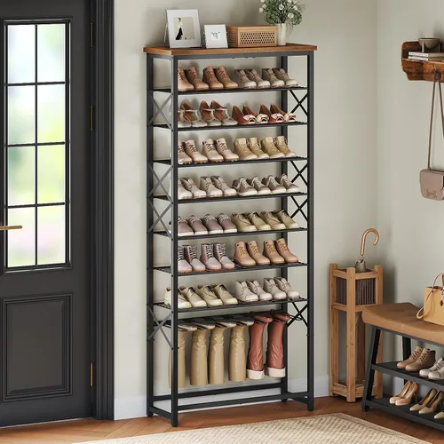 Vista 2 de YATINEY Zapatero alto para entrada, organizador de almacenamiento de zapatos de metal con estante para botas, zapatero resistente de 10 niveles