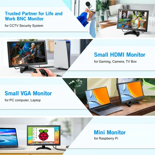 Vista 3 de Haiway Monitor de seguridad de 14 pulgadas, resolución de 1366 x 768, monitor de PC pequeño con altavoces integrados con puertos HDMI/VGA/BNC/AV