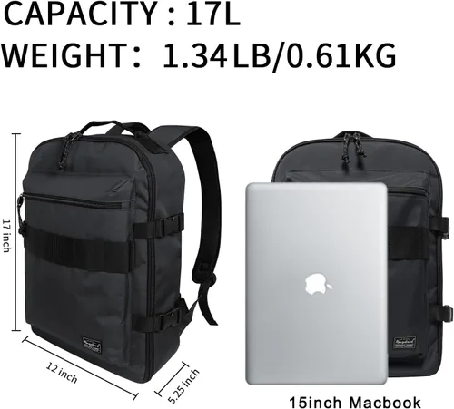 Vista 2 de Mochila de viaje ligera para senderismo, mochila para laptop, 17L de mano para artículos personales, bolsa de fin de semana, unisex, todo negro