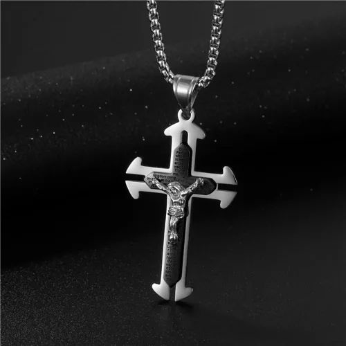 Vista 4 de Collar con colgante de cruz de oración del Señor de acero inoxidable con crucifijo de Jesucristo y versículo bíblico para hombresniñosmujeres