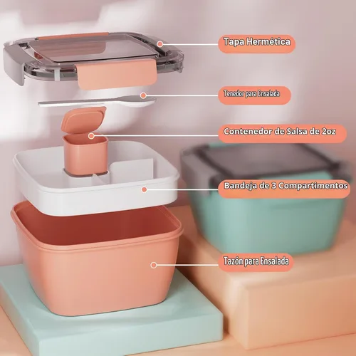 Vista 2 de Cherrysea Lonchera para ensalada, paquete de 2 tazones con 3 compartimentos, a prueba de fugas con tenedor y contenedor de salsa - Verde+Rosa