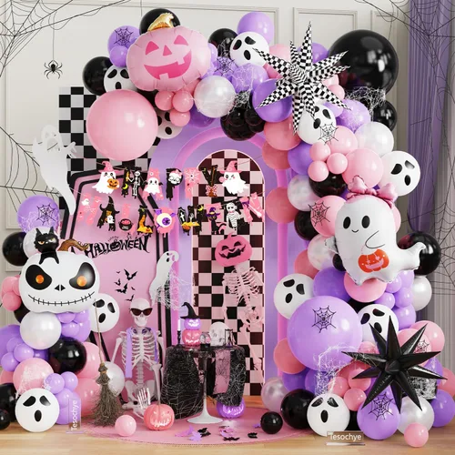 Vista 14 de Tesochye 161pcs Halloween Balloon Garland Kit with Happy Halloween Banner Black Orange Green Purple