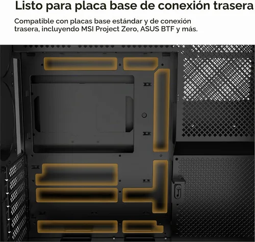 Vista 4 de Caja de PC Montech Serie HS ATX de torre media, PC para juegos, alto flujo de aire, diseño reversible, panel frontal curvo robusto de vidrio