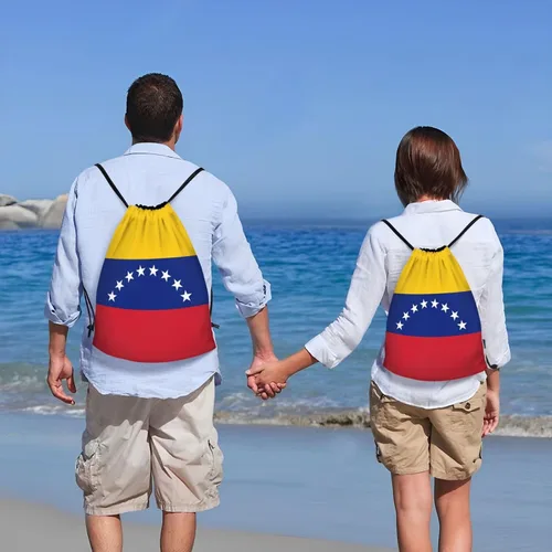 Vista 7 de Mochila Venezuela con cordón para yoga, playa, ligera, gimnasio, deportes, cuerda, bolsa venezolana, decoración al aire libre, Negro