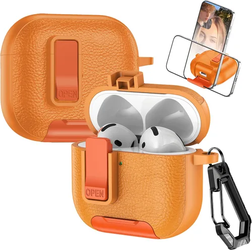 Vista 11 de Funda de cuero con clip de bloqueo para AirPods Pro 2ª/1ª con mosquetón, soporte de carga inalámbrica con soporte, cubierta de protección resistente