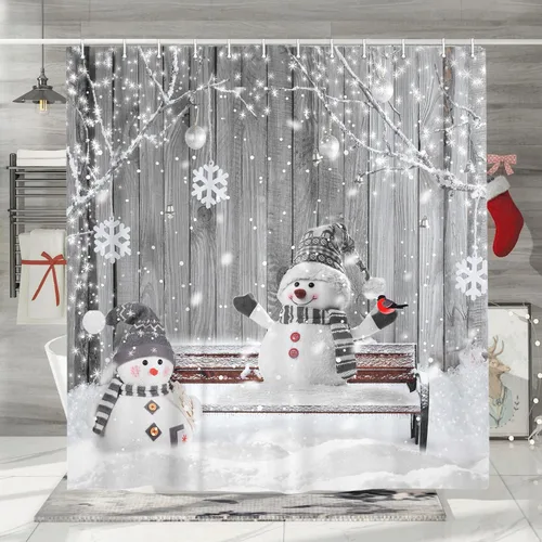 Vista 7 de Cortina de ducha de granja de Navidad para baño, decoración del hogar de árbol de Navidad de invierno, cortinas de baño de madera de puerta