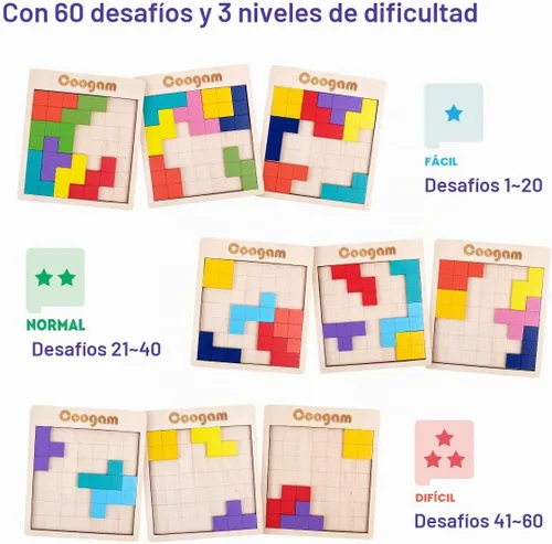 Vista 4 de Coogam Rompecabezas de madera con patrón de bloques de cerebro juego con 60 desafíos, juguete de construcción ruso 3D de madera en forma de tangram