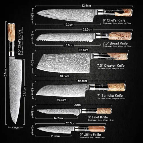 Vista 6 de SENKEN Juego de 7 piezas de cuchillos de cocina de Damasco - Colección Tsunami - Acero VG10 japonés de 67 capas - Cuchillo de chef, cuchillo
