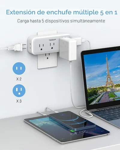 Vista 2 de TESSAN - Extensor de enchufe múltiple, divisor de enchufe de pared con protector de sobrecarga y 5 expandidores de salida eléctrica, adaptador