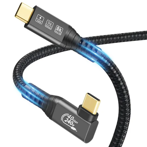 Vista 8 de Cable USB 4 Thunderbolt 4, USB C a USB C, 40 Gbps, 240 W, 8K @ 60 Hz Cable trenzado de carga rápida USB C a USB C PD3.1 en ángulo recto