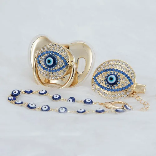 Vista 7 de Juego de chupete y clip de ojo malvado de ojo dorado y plateado, sin BPA, seguro, diseño único, regalo ideal para baby show recién nacido