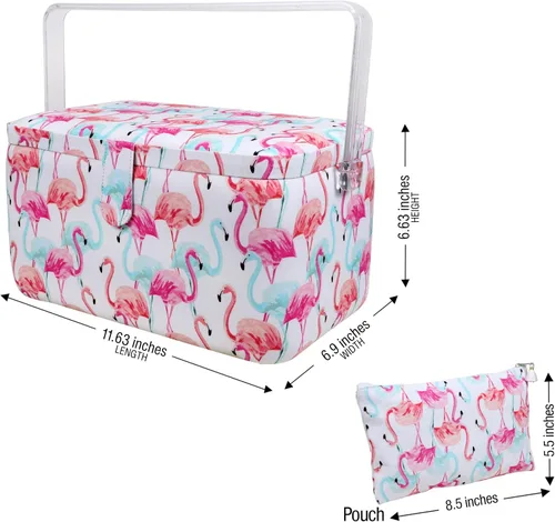 Vista 4 de SINGER Cesta de aparejos grande de alta calidad, estampado de flamenco pastel con kit de costura de viaje de emergencia y bolsa con cremallera a