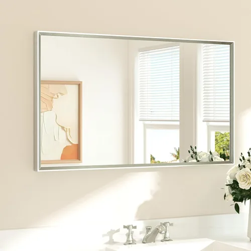 Vista 16 de TETOTE Espejo de baño dorado cepillado de 20" x 30", espejo de tocador de baño rectangular de latón dorado cepillado con marco biselado para sobre