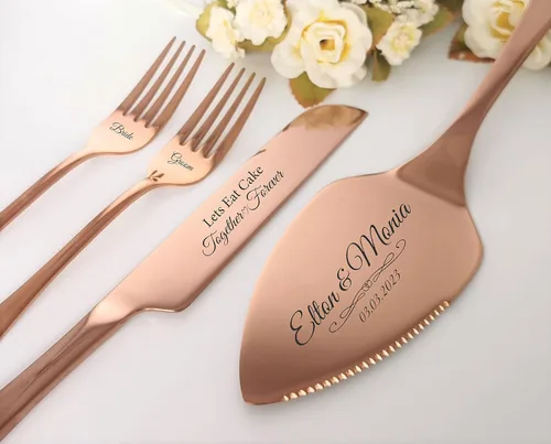 Vista 4 de Personalized Wedding Cake Serving Set, Custom Pie Cutting Tools Gift, Engraved Stainless Steel Knife Server Forks Kit, Anniversary, Birthday, Bridal