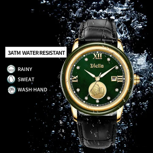 Vista 9 de Diella Luxury Dress Watches for Men with Japanese Quartz Movement, Men's Classic Wrist Watches with Black Leather Band, Dark Jade, Gold and Steel