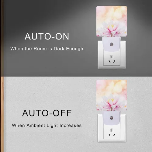 Vista 5 de Luz nocturna de loto de lirio de agua rosa, luces nocturnas LED enchufables, lámpara de noche con sensor automático, lámpara de anochecer a Lirio