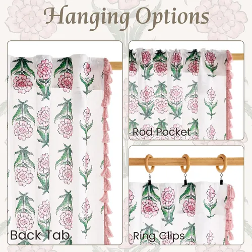 Vista 3 de NICETOWN Cortinas florales rosa de 52x84 pulgadas con borlas, cortinas de ventana con estampado botánico romántico Sweetheart, paneles oscurecedores