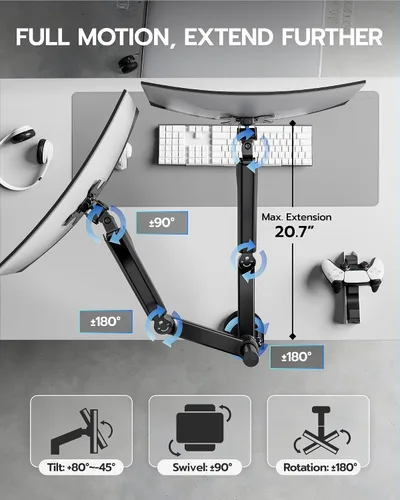 Vista 5 de ARES WING Soporte para Monitor Dual - Brazo de Monitor Ultraancho para Pantalla Curva de Servicio Pesado de 17 a 40 Pulgadas hasta 26.4 libras