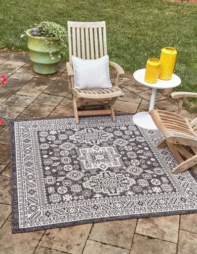 Vista 13 de Unique Loom Outdoor Aztec Collection Alfombra de área, Chalca (5 pies 3 pulgadas, octágono, aguamarina/marfil)