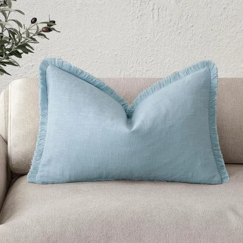 Vista 65 de Foindtower Fundas de almohada decorativas de lino con flecos, acogedora funda de cojín bohemia estilo farmhouse con borlas, funda de almohada