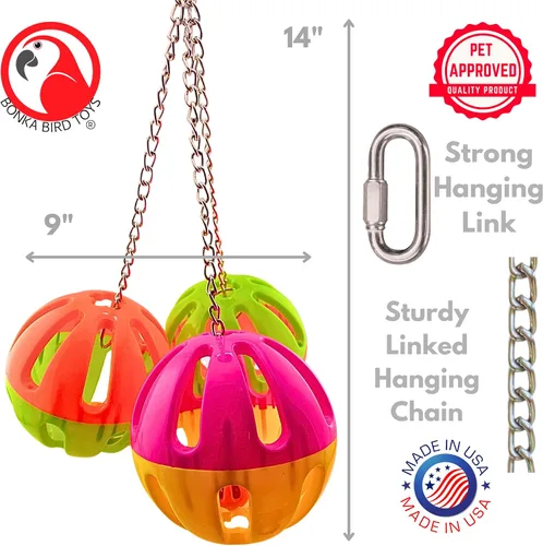 Vista 2 de Bonka Bird Toys 1479 Enorme plástico de tres bolas de 14 x 9 pulgadas, juguete colgante para guacamayos, cacatúas, grises africanos, hecho