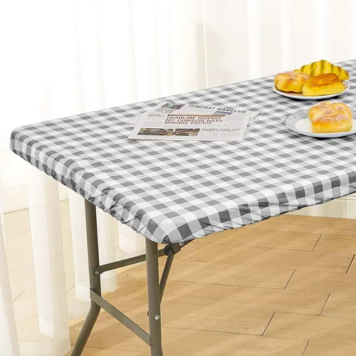 Vista 2 de Zhenrui Mantel rectangular elástico ajustable de 6 pies, impermeable, a prueba de derrames, de vinilo, estampado a cuadros grises con franela