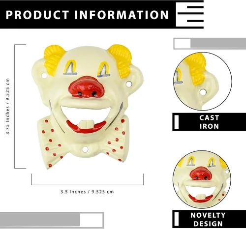 Vista 2 de Treasure Gurus Clown Head - Abrebotellas de cerveza y soda, hierro fundido, color blanco antiguo