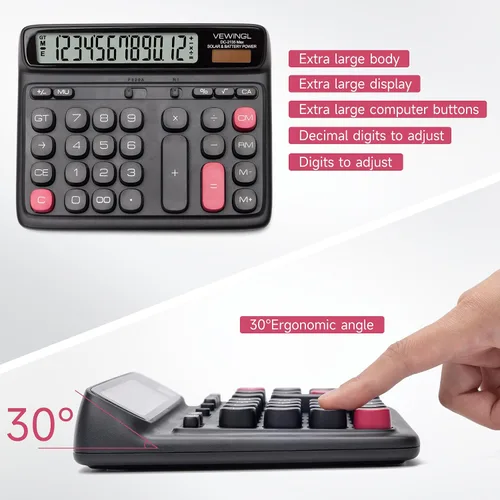 Vista 4 de VEWINGL Calculadora de escritorio, pantalla LCD grande de 12 dígitos, teclas grandes estilo computadora, doble potencia (solar y batería), modo