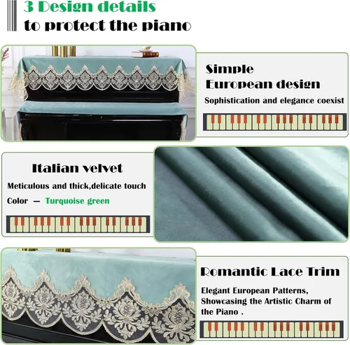 Vista 2 de Juego de fundas para polvo de piano verticales de alta calidad, terciopelo italiano resistente al desgaste con encaje elegante, protector de laca