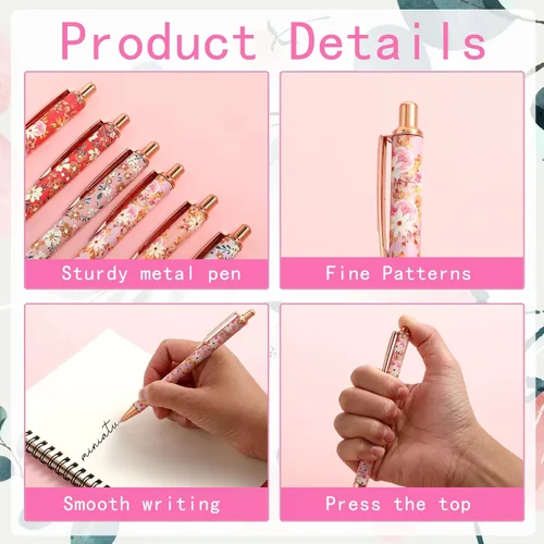 Vista 5 de TIESOME 6 piezas de bolígrafos de bola de arte floral, bolígrafo retráctil de 1.0 mm de moda, bolígrafo negro personalizado, adecuado para mujeres