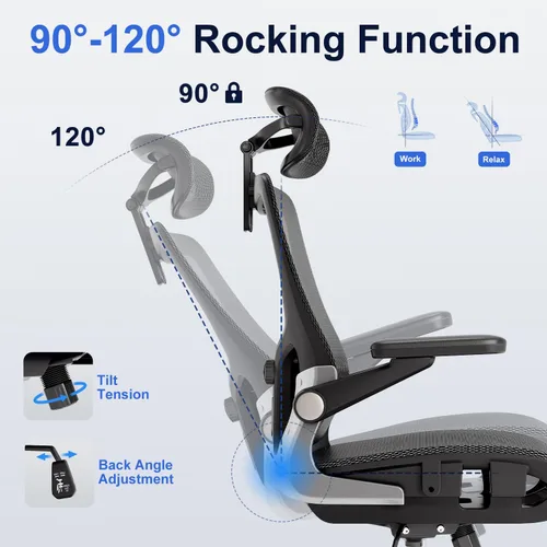 Vista 21 de marrap Silla de oficina ergonómica, silla de escritorio de malla con reposabrazos 3D, soporte lumbar ajustable y reposacabezas, función mecedora