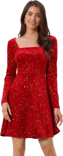 Vista 7 de Allegra K Vestidos de terciopelo de manga larga para mujer, cuello cuadrado de estrella, acampanado, mini vestido para fiesta, cóctel, Navidad Gris