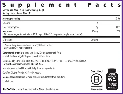 Vista 6 de New Chapter Suplemento de glicinato de magnesio + L-teanina en polvo, con 325 mg de magnesio y L-teanina de 200 mg para calma, enfoque, claridad