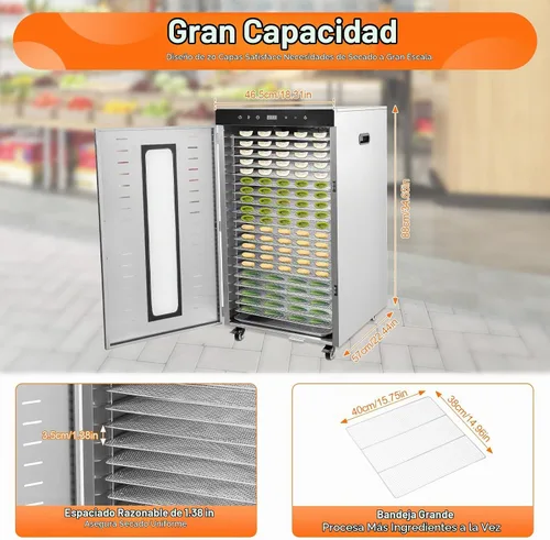 Vista 3 de Deshidratador comercial de alimentos 20 bandejas, máquina secadora de alimentos de acero inoxidable de 1700 W con 4 ruedas y pantalla LED, control