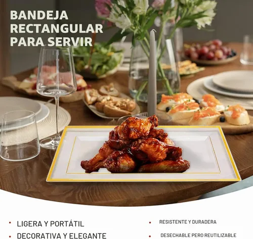 Vista 8 de Bandeja de Servir de Plástico Transparente (Paquete de 4) Bandejas y Platos Desechables Transparentes con Borde Dorado para Servir Alimentos Borde