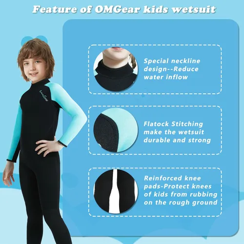 Vista 2 de OMGear Traje de neopreno corto de neopreno de una pieza para niños, de 0.18 pulgadas, 0.118 pulgadas, manga corta, con cremallera trasera, traje