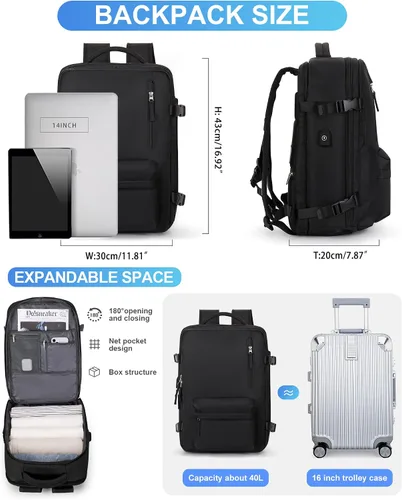 Vista 7 de VECAVE mochila para laptop de viaje, mochila para llevar en vuelos, mochila casual para deportes y universidad, A-Negro, Pequeño, Mochilas de viaje