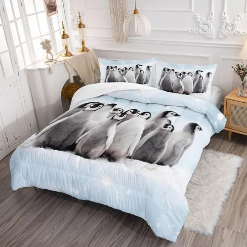 Vista 3 de Datura home - Juego de ropa de cama con edredón con estampado de pingüino y nieve, juego de colcha con 1 edredón y 2 fundas de almohada