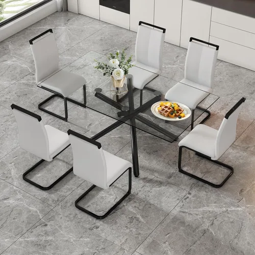 Vista 20 de Juego de 6 mesas de comedor de cristal, moderno juego de mesa de comedor de vidrio templado rectangular transparente de 71 pulgadas y 6 sillas
