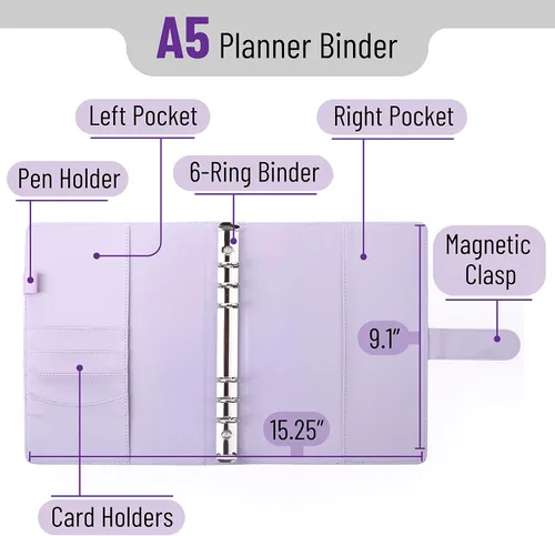 Vista 2 de Mr. Pen - Carpetas de planificador de piel, cubierta de cuaderno de composición recargable, carpeta de portafolios, 6 anillas (A5, morado)