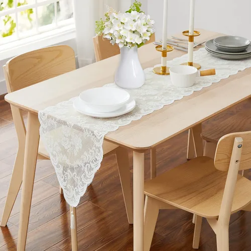 Vista 17 de ASATEX Camino de mesa de encaje de lino dorado de 14 x 36 pulgadas con 2 borlas. El patrón floral clásico y elegante es la opción ideal