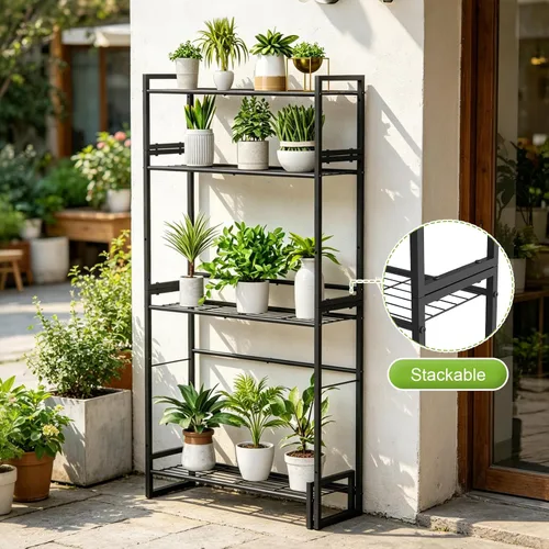 Vista 4 de VyGrow Soporte para plantas, soporte apilable para plantas de 4 niveles, estante escalable resistente para plantas altas para interiores y negro