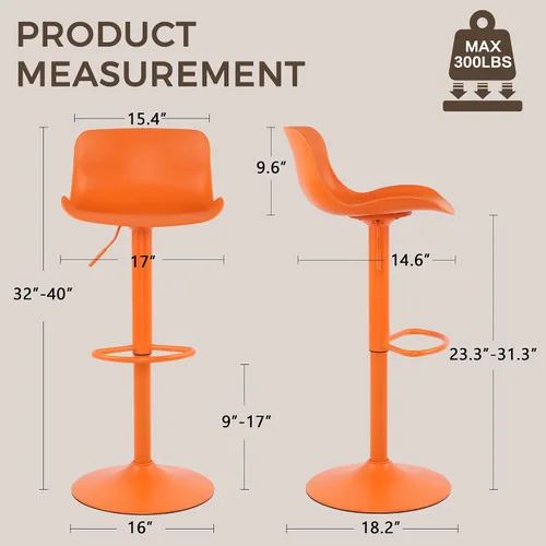 Vista 2 de LSSBOUGHT Taburetes de bar, taburetes de bar giratorios de altura de mostrador con respaldo de carcasa de plástico, sillas de bar ajustables Naranja