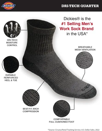 Vista 43 de Dickies Calcetines Dri-Tech para hombre con control de humedad, disponibles en tallas M-XXL (6, 12, 18 pares)
