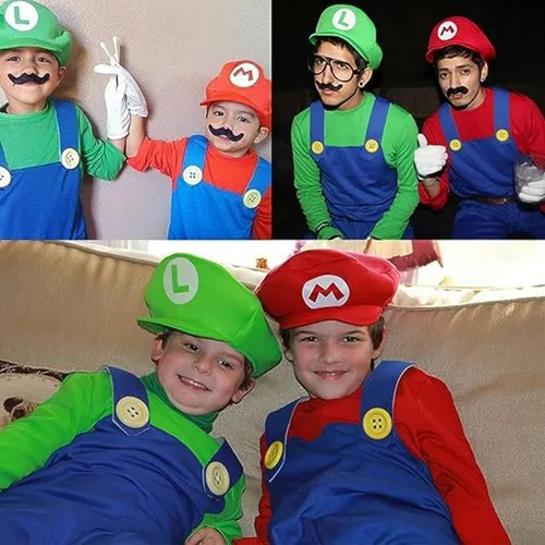 Vista 8 de Bros Mary & Luigi - Disfraz de sombrero de bigote, guantes y botones, disfraz de cosplay para adultos, mujeres, hombres y niños, disfraz de Halloween