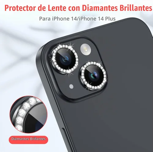 Vista 4 de AGVEE 3+3 Protector de Lente de Cámara para iPhone 14 6.1" / 14 Plus 6.7", Diamante Brillante y Anillo de Metal con Purpurina Brillante Vidrio negro